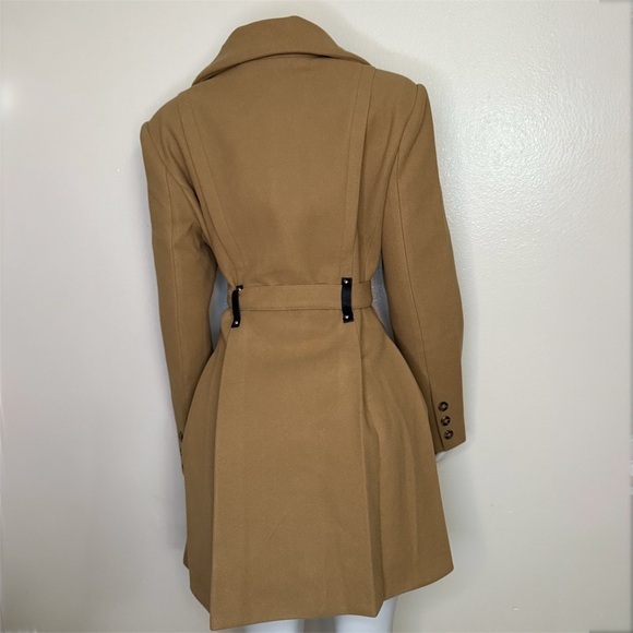 Khaki single breasted lapel collar A-line pleated flare belted pea coat - Picture 3 of 12